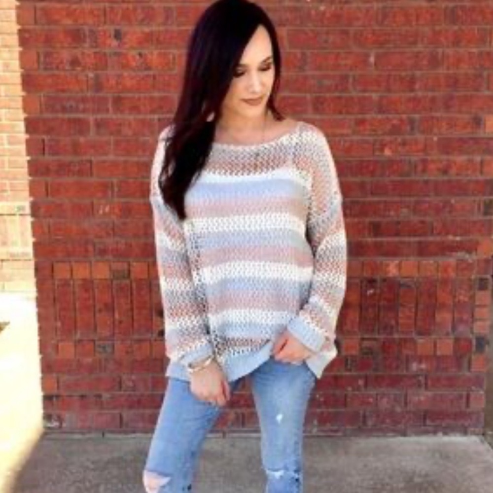 O & O Cozy Cream and Gray Loose open Knit Striped long sleeves casual Sweater